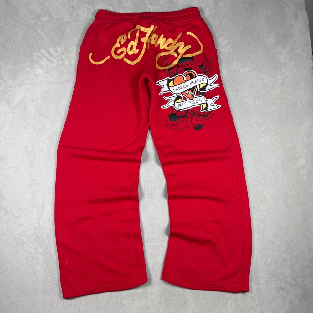 Y2K Womens Ed Hardy Broken Hearts Graphic Wide Leg Sweatpants Red Size M